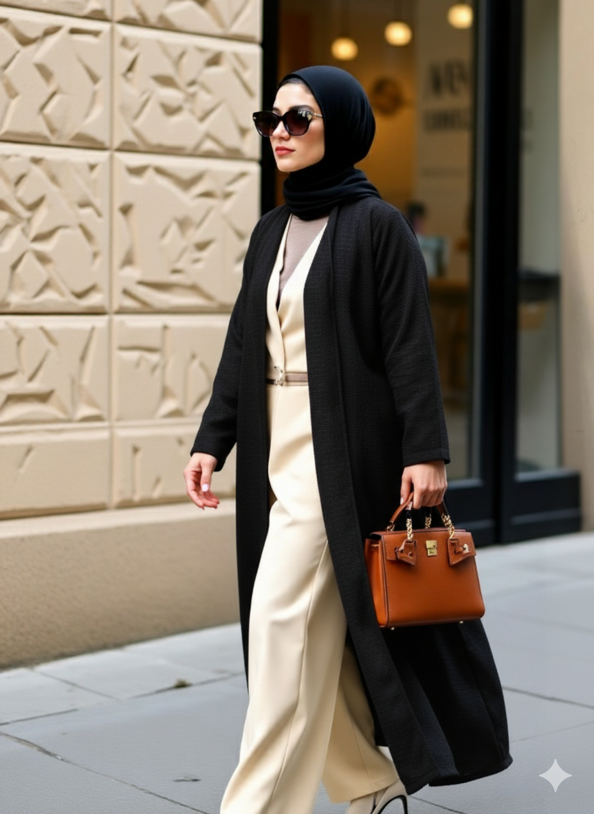Elegant Long Open Abaya – Beige